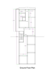 22x75 feet deep residential floor plan illustration where the front portion of the plot is slightly wider than the rear. The layout shows a front one-room set, a 4-foot-wide L-shaped passage leading to a staircase, and access to upper floors. Behind the staircase, a compact 2BHK unit is planned with two bedrooms, one common toilet, kitchen, store room, and a central drawing/living space. The staircase provides independent access to upper floor flats including one-room and two-room sets, making it suitable for rental or multi-family use.