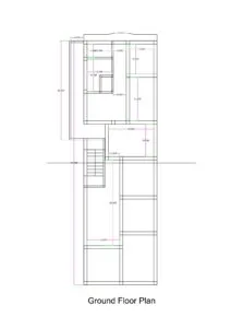 22x75 feet deep residential floor plan illustration where the front portion of the plot is slightly wider than the rear. The layout shows a front one-room set, a 4-foot-wide L-shaped passage leading to a staircase, and access to upper floors. Behind the staircase, a compact 2BHK unit is planned with two bedrooms, one common toilet, kitchen, store room, and a central drawing/living space. The staircase provides independent access to upper floor flats including one-room and two-room sets, making it suitable for rental or multi-family use.