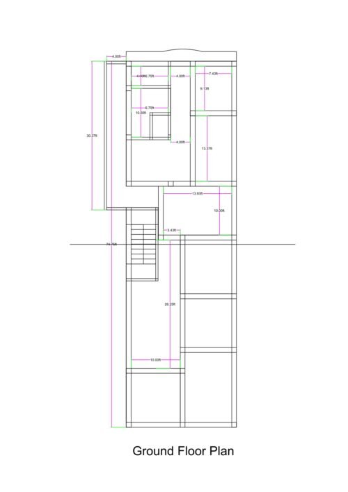 22x75 feet deep residential floor plan illustration where the front portion of the plot is slightly wider than the rear. The layout shows a front one-room set, a 4-foot-wide L-shaped passage leading to a staircase, and access to upper floors. Behind the staircase, a compact 2BHK unit is planned with two bedrooms, one common toilet, kitchen, store room, and a central drawing/living space. The staircase provides independent access to upper floor flats including one-room and two-room sets, making it suitable for rental or multi-family use.
