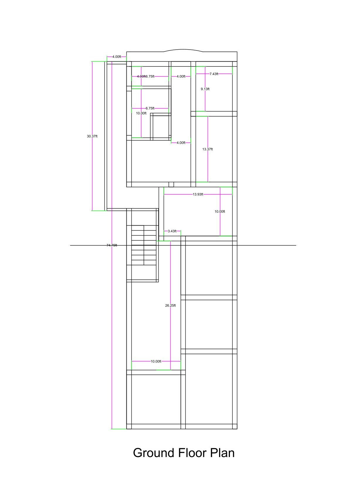 22x75 feet deep residential floor plan illustration where the front portion of the plot is slightly wider than the rear. The layout shows a front one-room set, a 4-foot-wide L-shaped passage leading to a staircase, and access to upper floors. Behind the staircase, a compact 2BHK unit is planned with two bedrooms, one common toilet, kitchen, store room, and a central drawing/living space. The staircase provides independent access to upper floor flats including one-room and two-room sets, making it suitable for rental or multi-family use.