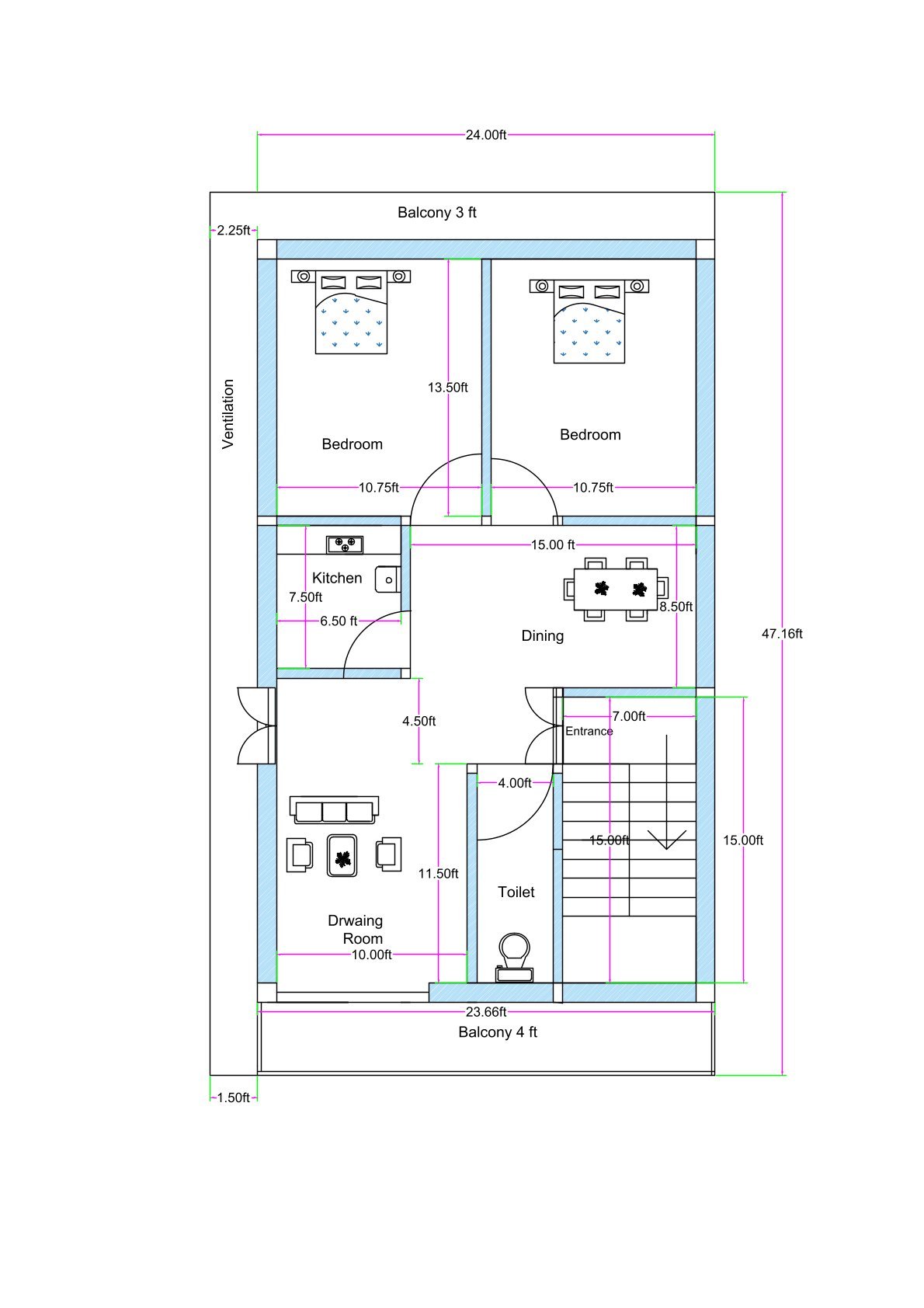 West-facing 2BHK house floor plan designed for an actual plot size of 26.25 feet by 47.16 feet with a built-up area of 24 feet by 40 feet, commonly optimized for SEO as a 25x40 plot house plan. The layout includes two spacious bedrooms (10.75 ft wide each), a central dining area of 15 feet width, a 7.5 ft wide kitchen, a 10x11.5 ft drawing room, one common toilet, and a staircase positioned on the right side with separate access to the first floor. The entrance is located below the staircase allowing independent access to the ground floor flat. The house features balconies and setback spaces on three sides including 3 feet front balcony, 4 feet rear balcony, 3 feet back open space, and 2.25 feet side ventilation setback for natural light and cross ventilation. The total building depth is approximately 40 feet within a 47.16 feet deep west-facing residential plot.
