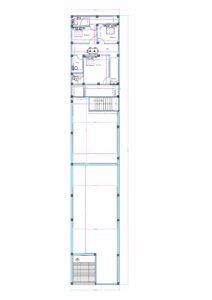 Mixed-use building floor plan featuring a commercial showroom at the front portion and a 3BHK residential unit at the rear side on a long rectangular plot. The front section includes a wide open showroom space with shutter entrance suitable for retail business, shop, or office use. Behind the commercial area, a centrally located staircase provides access to upper floors. The rear residential layout consists of three bedrooms, a central hall/dining space, kitchen, and common toilet. The master bedroom and additional bedrooms are positioned along the sides for privacy and ventilation. The layout separates commercial and residential movement efficiently, allowing business operations in the front while maintaining private family living at the back.