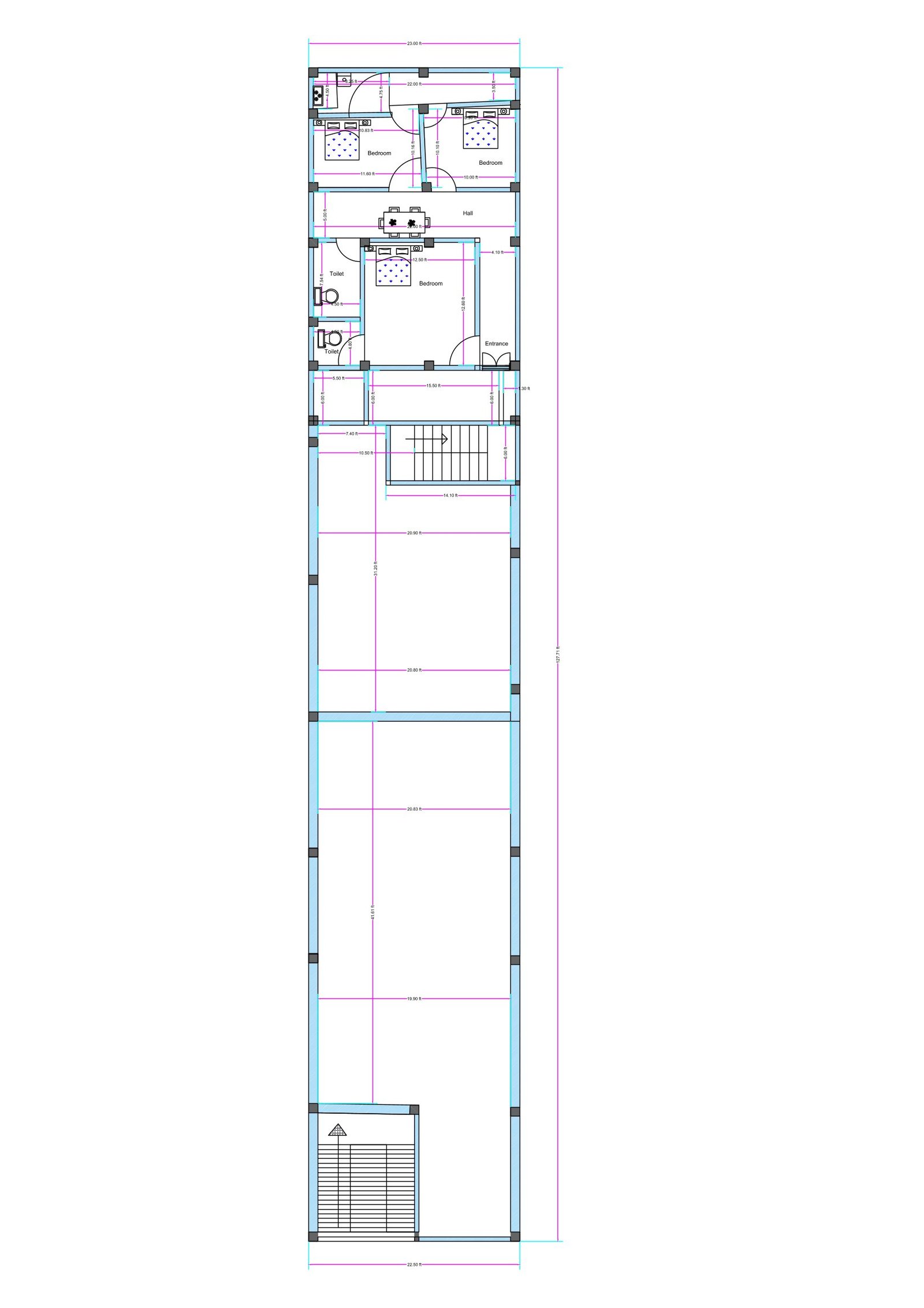 Mixed-use building floor plan featuring a commercial showroom at the front portion and a 3BHK residential unit at the rear side on a long rectangular plot. The front section includes a wide open showroom space with shutter entrance suitable for retail business, shop, or office use. Behind the commercial area, a centrally located staircase provides access to upper floors. The rear residential layout consists of three bedrooms, a central hall/dining space, kitchen, and common toilet. The master bedroom and additional bedrooms are positioned along the sides for privacy and ventilation. The layout separates commercial and residential movement efficiently, allowing business operations in the front while maintaining private family living at the back.