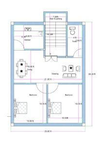 West-facing compact 2BHK house floor plan with an actual built-up size of 23 feet by 30 feet (approximately 690 square feet). The layout features two equal-sized bedrooms measuring 10 feet by 10.5 feet each, positioned at the rear side of the house. A 21-foot-wide combined drawing and dining area is centrally placed, with a 10-foot dining space and living area arrangement. The kitchen measures 6 feet by 8 feet and is located on the left side near the staircase. A common toilet of 4 feet by 7 feet is positioned on the right side. The staircase and parking area at the front measure 7 feet in width with a stair length of approximately 14.33 feet, allowing separate access to the upper floor. The entrance door is centrally aligned below the staircase landing, making it suitable for independent ground-floor use and future vertical expansion.