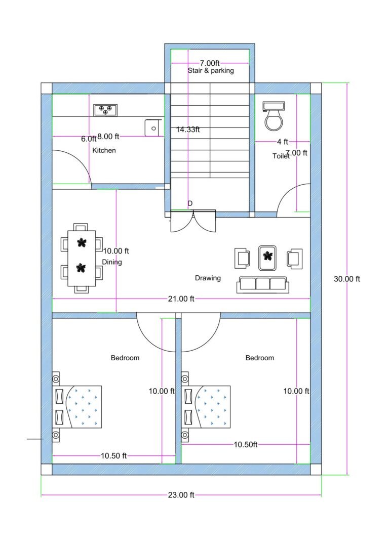 West-facing compact 2BHK house floor plan with an actual built-up size of 23 feet by 30 feet (approximately 690 square feet). The layout features two equal-sized bedrooms measuring 10 feet by 10.5 feet each, positioned at the rear side of the house. A 21-foot-wide combined drawing and dining area is centrally placed, with a 10-foot dining space and living area arrangement. The kitchen measures 6 feet by 8 feet and is located on the left side near the staircase. A common toilet of 4 feet by 7 feet is positioned on the right side. The staircase and parking area at the front measure 7 feet in width with a stair length of approximately 14.33 feet, allowing separate access to the upper floor. The entrance door is centrally aligned below the staircase landing, making it suitable for independent ground-floor use and future vertical expansion.
