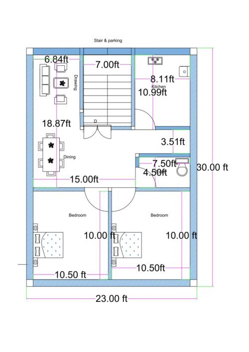 23x30 West Facing 2BHK House Plan with Spacious Kitchen & Front Staircase | 690 Sq Ft Compact Home Design