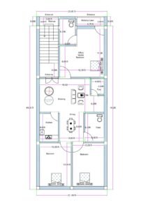 West-facing 3BHK house floor plan designed for an actual plot size of 23 feet by 45 feet (commonly written as 25x45 for SEO purposes). The layout includes a front staircase with independent entrance access to each floor. Entry to the ground floor is provided below the staircase, leading directly into a spacious 16.5 feet by 10.75 feet drawing room. The plan features a master bedroom measuring approximately 12 feet by 11.5 feet with attached front balcony/lawn space of 8.75 feet width. Two additional bedrooms are provided at the rear side, each measuring 10.25 feet by 13 feet. The central dining hall measures 8 feet by 9.5 feet and connects smoothly to all rooms. A dedicated 5 feet by 5 feet puja room is positioned beside the drawing area. The kitchen measures approximately 6 feet by 9 feet and is located adjacent to the dining space. One common toilet of approximately 6 feet width is provided. The staircase width is 6 feet with a separate top entrance for upper floors, making the design suitable for duplex or rental expansion.