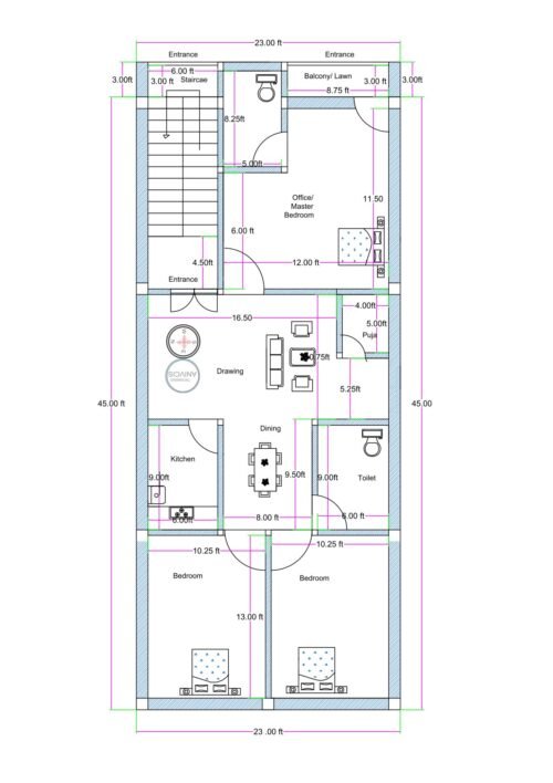 West-facing 3BHK house floor plan designed for an actual plot size of 23 feet by 45 feet (commonly written as 25x45 for SEO purposes). The layout includes a front staircase with independent entrance access to each floor. Entry to the ground floor is provided below the staircase, leading directly into a spacious 16.5 feet by 10.75 feet drawing room. The plan features a master bedroom measuring approximately 12 feet by 11.5 feet with attached front balcony/lawn space of 8.75 feet width. Two additional bedrooms are provided at the rear side, each measuring 10.25 feet by 13 feet. The central dining hall measures 8 feet by 9.5 feet and connects smoothly to all rooms. A dedicated 5 feet by 5 feet puja room is positioned beside the drawing area. The kitchen measures approximately 6 feet by 9 feet and is located adjacent to the dining space. One common toilet of approximately 6 feet width is provided. The staircase width is 6 feet with a separate top entrance for upper floors, making the design suitable for duplex or rental expansion.
