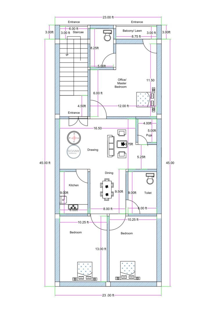 West-facing 3BHK house floor plan designed for an actual plot size of 23 feet by 45 feet (commonly written as 25x45 for SEO purposes). The layout includes a front staircase with independent entrance access to each floor. Entry to the ground floor is provided below the staircase, leading directly into a spacious 16.5 feet by 10.75 feet drawing room. The plan features a master bedroom measuring approximately 12 feet by 11.5 feet with attached front balcony/lawn space of 8.75 feet width. Two additional bedrooms are provided at the rear side, each measuring 10.25 feet by 13 feet. The central dining hall measures 8 feet by 9.5 feet and connects smoothly to all rooms. A dedicated 5 feet by 5 feet puja room is positioned beside the drawing area. The kitchen measures approximately 6 feet by 9 feet and is located adjacent to the dining space. One common toilet of approximately 6 feet width is provided. The staircase width is 6 feet with a separate top entrance for upper floors, making the design suitable for duplex or rental expansion.