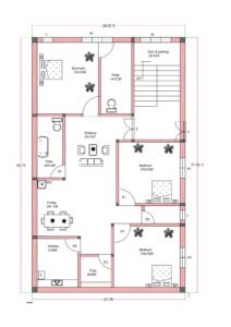West-facing 3BHK house floor plan designed for an actual plot size of 24.75 feet by 49.75 feet (commonly referred to as 25x50 for SEO). The layout includes three bedrooms measuring 10 feet by 12 feet each, positioned on different sides for privacy. A centrally located drawing room of 8 feet by 10 feet connects to a spacious dining area measuring 9 feet by 15 feet. The kitchen measures 7 feet by 9 feet and is located at the front-left side with direct access to the dining space. A dedicated puja room of 6 feet by 6 feet is placed near the kitchen. Two common toilets measuring 4 feet by 12 feet each are provided for convenience. The staircase and parking area (8 feet by 18 feet) are located at the front-right corner, allowing independent access to upper floors. The overall building depth is approximately 49.75 feet with a width of 24.75 feet.