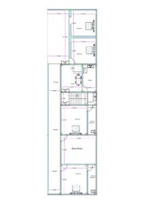 Long rectangular 3BHK residential house floor plan designed for an actual plot size of 24.95 feet by 93.50 feet (commonly referred to as 25x94 for SEO). The layout includes multiple bedrooms arranged along the right side, each measuring approximately 13.5 feet by 13 feet and 12.95 feet by 14.50 feet. A centrally positioned dining area connects to a compact kitchen located on the right side near the staircase. The staircase is placed in the middle portion of the house for vertical circulation. A dedicated store room is provided in the central rear section measuring approximately 17.45 feet in width. Multiple toilets and bathrooms are attached or positioned beside bedrooms for convenience. A long side passage of approximately 6 feet width runs along the left side of the plot, providing ventilation, access, and circulation across the extended depth of 93.50 feet.
