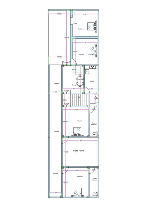 Long rectangular 3BHK residential house floor plan designed for an actual plot size of 24.95 feet by 93.50 feet (commonly referred to as 25x94 for SEO). The layout includes multiple bedrooms arranged along the right side, each measuring approximately 13.5 feet by 13 feet and 12.95 feet by 14.50 feet. A centrally positioned dining area connects to a compact kitchen located on the right side near the staircase. The staircase is placed in the middle portion of the house for vertical circulation. A dedicated store room is provided in the central rear section measuring approximately 17.45 feet in width. Multiple toilets and bathrooms are attached or positioned beside bedrooms for convenience. A long side passage of approximately 6 feet width runs along the left side of the plot, providing ventilation, access, and circulation across the extended depth of 93.50 feet.