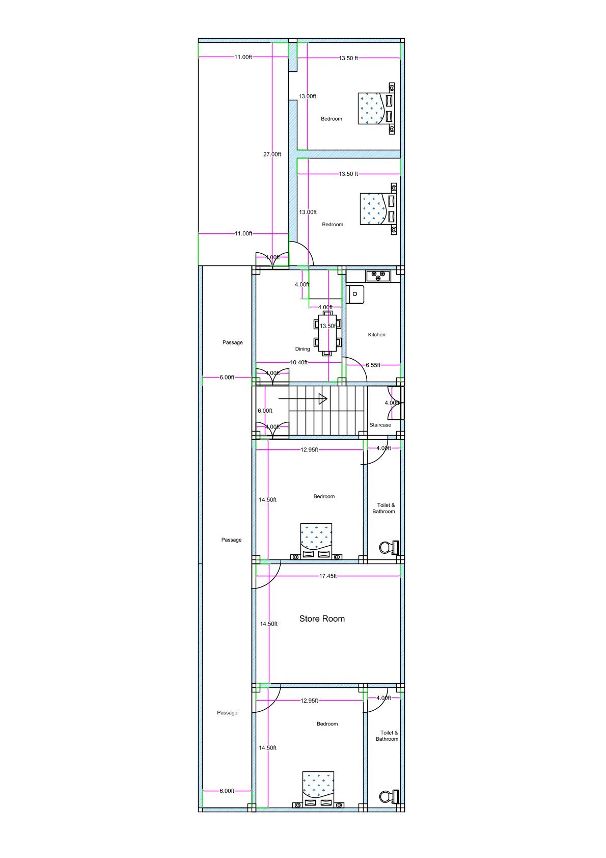 Long rectangular 3BHK residential house floor plan designed for an actual plot size of 24.95 feet by 93.50 feet (commonly referred to as 25x94 for SEO). The layout includes multiple bedrooms arranged along the right side, each measuring approximately 13.5 feet by 13 feet and 12.95 feet by 14.50 feet. A centrally positioned dining area connects to a compact kitchen located on the right side near the staircase. The staircase is placed in the middle portion of the house for vertical circulation. A dedicated store room is provided in the central rear section measuring approximately 17.45 feet in width. Multiple toilets and bathrooms are attached or positioned beside bedrooms for convenience. A long side passage of approximately 6 feet width runs along the left side of the plot, providing ventilation, access, and circulation across the extended depth of 93.50 feet.