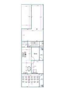 Long rectangular 3BHK house floor plan designed on an actual 24.95 feet by 93.50 feet residential plot (commonly written as 25x94 for SEO). The layout features multiple spacious bedrooms arranged along the right side of the house, including rooms measuring approximately 13.5 ft × 13 ft and 12.95 ft × 14.50 ft. A centrally located dining area connects directly to a compact kitchen positioned on the right side near the staircase. The staircase is placed in the mid-portion of the layout for vertical circulation. A large store room measuring approximately 17.45 feet in width is positioned in the central rear section. Multiple toilets and bathrooms are attached or positioned beside bedrooms for convenience. A continuous 6-foot-wide side passage runs along the left side of the plot, providing ventilation, access, and circulation throughout the extended 93.50 ft depth.