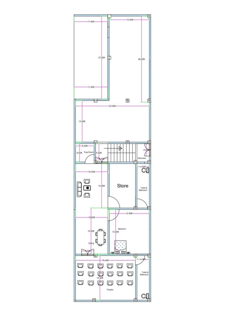 Long rectangular 3BHK house floor plan designed on an actual 24.95 feet by 93.50 feet residential plot (commonly written as 25x94 for SEO). The layout features multiple spacious bedrooms arranged along the right side of the house, including rooms measuring approximately 13.5 ft × 13 ft and 12.95 ft × 14.50 ft. A centrally located dining area connects directly to a compact kitchen positioned on the right side near the staircase. The staircase is placed in the mid-portion of the layout for vertical circulation. A large store room measuring approximately 17.45 feet in width is positioned in the central rear section. Multiple toilets and bathrooms are attached or positioned beside bedrooms for convenience. A continuous 6-foot-wide side passage runs along the left side of the plot, providing ventilation, access, and circulation throughout the extended 93.50 ft depth.