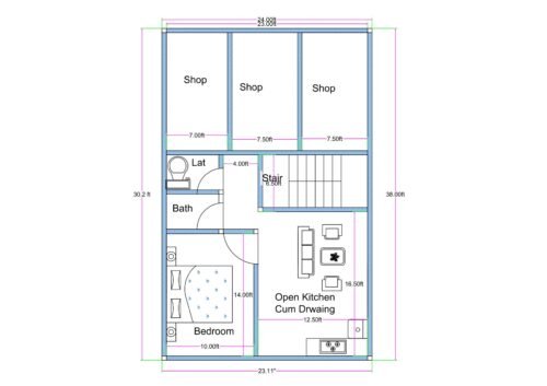 Corner plot mixed-use building floor plan designed on a 24 feet by 38 feet plot featuring three commercial shops at the front and a 1BHK residential unit at the rear. The front portion includes three separate shops measuring approximately 7 feet to 7.5 feet in width each, facing the main road. A staircase is positioned on the right side with direct access from the side road, allowing independent entry to upper floors and the rear residential portion. Behind the shops, a one-bedroom set includes a 10 feet by 14 feet bedroom, separate toilet and bathroom, and an open kitchen cum drawing room measuring approximately 12.5 feet by 16.5 feet. The layout allows complete separation between commercial and residential movement while maximizing corner plot road access.