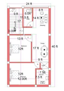 West-facing 2BHK house floor plan designed on a 24 feet by 40 feet residential plot. The layout includes two bedrooms measuring approximately 12 feet by 12 feet and 13 feet by 12 feet. A spacious drawing room measuring 8 feet by 14 feet is positioned at the front-right side of the house. The dining area measures approximately 9 feet by 17 feet and connects centrally to all rooms. A 7.5 feet by 7.5 feet kitchen is located at the rear-right corner with an adjacent OTS (open-to-sky) ventilation shaft. One common toilet measuring approximately 5 feet by 11.5 feet is placed near the staircase. The staircase, approximately 9 feet wide with a 17-foot run, is positioned at the front-left corner, providing access to upper floors. The overall built-up area efficiently utilizes the full 24x40 plot dimension.