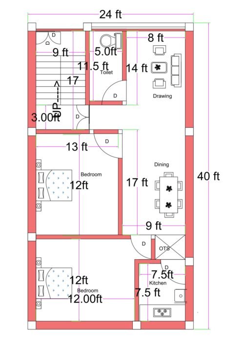 West-facing 2BHK house floor plan designed on a 24 feet by 40 feet residential plot. The layout includes two bedrooms measuring approximately 12 feet by 12 feet and 13 feet by 12 feet. A spacious drawing room measuring 8 feet by 14 feet is positioned at the front-right side of the house. The dining area measures approximately 9 feet by 17 feet and connects centrally to all rooms. A 7.5 feet by 7.5 feet kitchen is located at the rear-right corner with an adjacent OTS (open-to-sky) ventilation shaft. One common toilet measuring approximately 5 feet by 11.5 feet is placed near the staircase. The staircase, approximately 9 feet wide with a 17-foot run, is positioned at the front-left corner, providing access to upper floors. The overall built-up area efficiently utilizes the full 24x40 plot dimension.