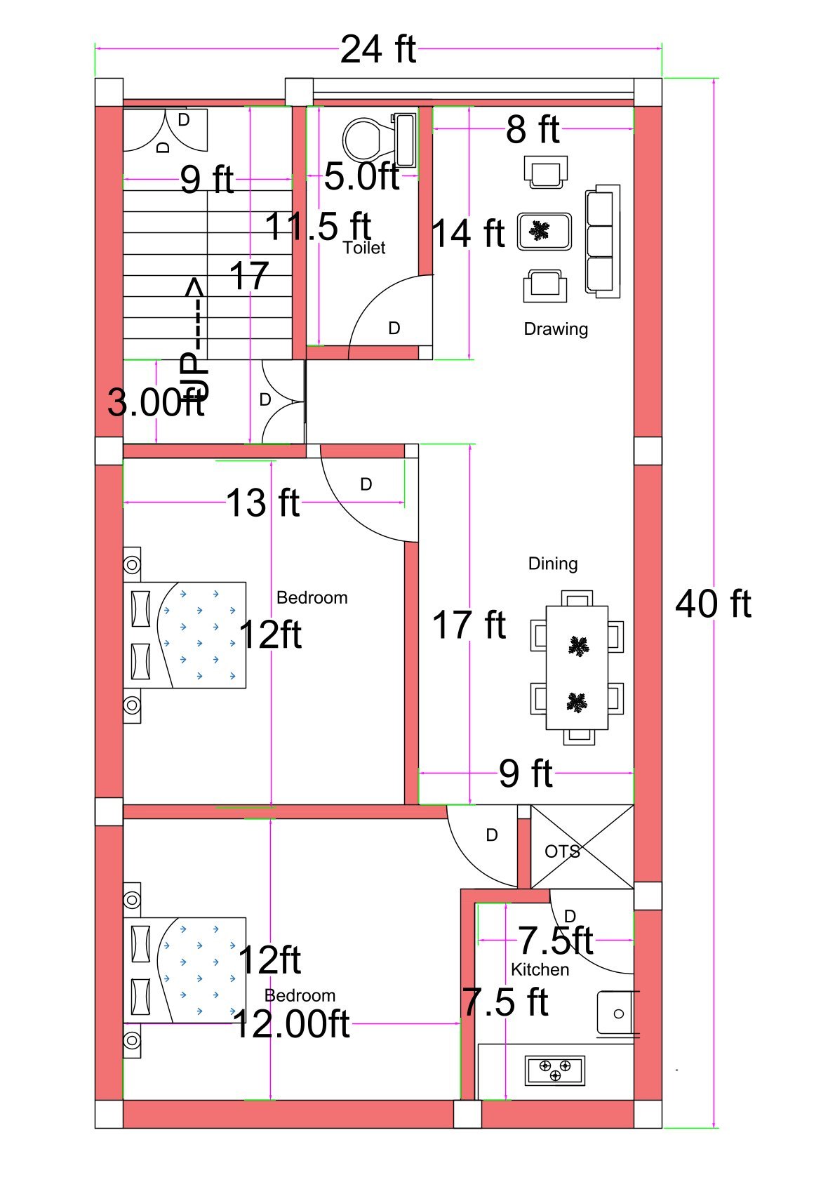 West-facing 2BHK house floor plan designed on a 24 feet by 40 feet residential plot. The layout includes two bedrooms measuring approximately 12 feet by 12 feet and 13 feet by 12 feet. A spacious drawing room measuring 8 feet by 14 feet is positioned at the front-right side of the house. The dining area measures approximately 9 feet by 17 feet and connects centrally to all rooms. A 7.5 feet by 7.5 feet kitchen is located at the rear-right corner with an adjacent OTS (open-to-sky) ventilation shaft. One common toilet measuring approximately 5 feet by 11.5 feet is placed near the staircase. The staircase, approximately 9 feet wide with a 17-foot run, is positioned at the front-left corner, providing access to upper floors. The overall built-up area efficiently utilizes the full 24x40 plot dimension.