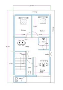 West-facing 3BHK house floor plan designed on an approximately 24 feet wide and 46.33 feet deep residential plot. The layout includes two rear bedrooms measuring approximately 10.75 feet by 13.5 feet each. A central dining hall measuring 15 feet in width connects both bedrooms. The kitchen is positioned on the right side measuring approximately 6.5 feet by 7.5 feet. A spacious drawing room measuring 10 feet by 11.5 feet is located at the front-right portion with a separate entrance. The staircase is placed at the front-left side with a 7-foot-wide entry. Two toilets are provided — one common toilet near the staircase and one additional toilet at the front portion. Side passages are provided along the top and right sides for ventilation and circulation. The layout ensures dual entrance access and future vertical expansion capability.