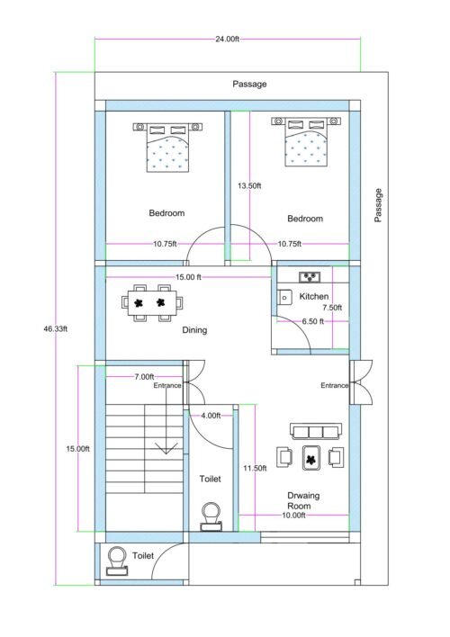 West-facing 3BHK house floor plan designed on an approximately 24 feet wide and 46.33 feet deep residential plot. The layout includes two rear bedrooms measuring approximately 10.75 feet by 13.5 feet each. A central dining hall measuring 15 feet in width connects both bedrooms. The kitchen is positioned on the right side measuring approximately 6.5 feet by 7.5 feet. A spacious drawing room measuring 10 feet by 11.5 feet is located at the front-right portion with a separate entrance. The staircase is placed at the front-left side with a 7-foot-wide entry. Two toilets are provided — one common toilet near the staircase and one additional toilet at the front portion. Side passages are provided along the top and right sides for ventilation and circulation. The layout ensures dual entrance access and future vertical expansion capability.