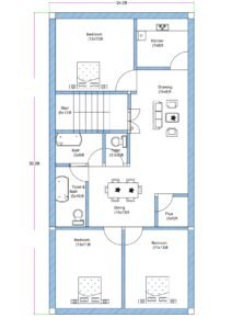 West-facing 3BHK house floor plan designed on a 24 feet by 50 feet residential plot. The layout includes three bedrooms measuring approximately 12 feet by 13 feet, 13 feet by 11 feet, and 11 feet by 13 feet. A spacious drawing room measuring 10 feet by 8 feet is located at the front-right side. The kitchen measures 7 feet by 8 feet and is positioned near the drawing area. A centrally located dining hall measuring 15 feet by 13 feet connects all rooms. A dedicated puja room of 5 feet by 5 feet is provided near the dining area. The staircase (6 feet by 12 feet) is placed in the central-left portion of the layout. Multiple toilets and bathrooms are included, such as a 5 feet by 8 feet bathroom, a 3.5 feet by 5 feet toilet, and a combined 5 feet by 10 feet toilet and bath. The overall plan efficiently utilizes the full 24x50 plot dimension with balanced room distribution.