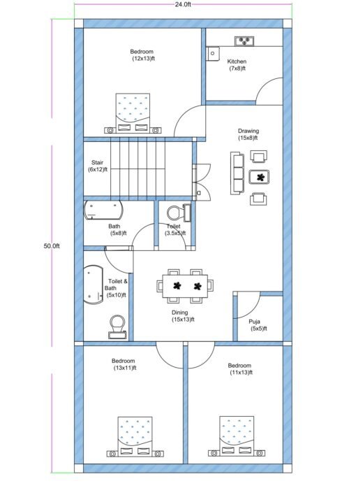 West-facing 3BHK house floor plan designed on a 24 feet by 50 feet residential plot. The layout includes three bedrooms measuring approximately 12 feet by 13 feet, 13 feet by 11 feet, and 11 feet by 13 feet. A spacious drawing room measuring 10 feet by 8 feet is located at the front-right side. The kitchen measures 7 feet by 8 feet and is positioned near the drawing area. A centrally located dining hall measuring 15 feet by 13 feet connects all rooms. A dedicated puja room of 5 feet by 5 feet is provided near the dining area. The staircase (6 feet by 12 feet) is placed in the central-left portion of the layout. Multiple toilets and bathrooms are included, such as a 5 feet by 8 feet bathroom, a 3.5 feet by 5 feet toilet, and a combined 5 feet by 10 feet toilet and bath. The overall plan efficiently utilizes the full 24x50 plot dimension with balanced room distribution.