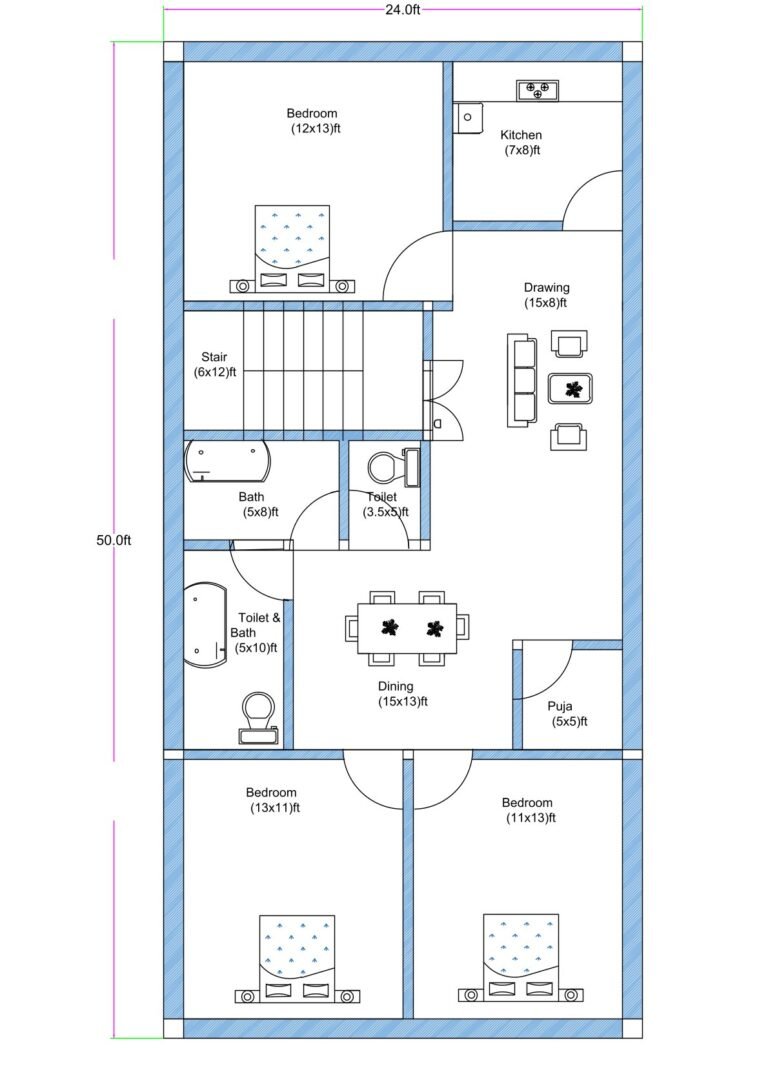 West-facing 3BHK house floor plan designed on a 24 feet by 50 feet residential plot. The layout includes three bedrooms measuring approximately 12 feet by 13 feet, 13 feet by 11 feet, and 11 feet by 13 feet. A spacious drawing room measuring 10 feet by 8 feet is located at the front-right side. The kitchen measures 7 feet by 8 feet and is positioned near the drawing area. A centrally located dining hall measuring 15 feet by 13 feet connects all rooms. A dedicated puja room of 5 feet by 5 feet is provided near the dining area. The staircase (6 feet by 12 feet) is placed in the central-left portion of the layout. Multiple toilets and bathrooms are included, such as a 5 feet by 8 feet bathroom, a 3.5 feet by 5 feet toilet, and a combined 5 feet by 10 feet toilet and bath. The overall plan efficiently utilizes the full 24x50 plot dimension with balanced room distribution.