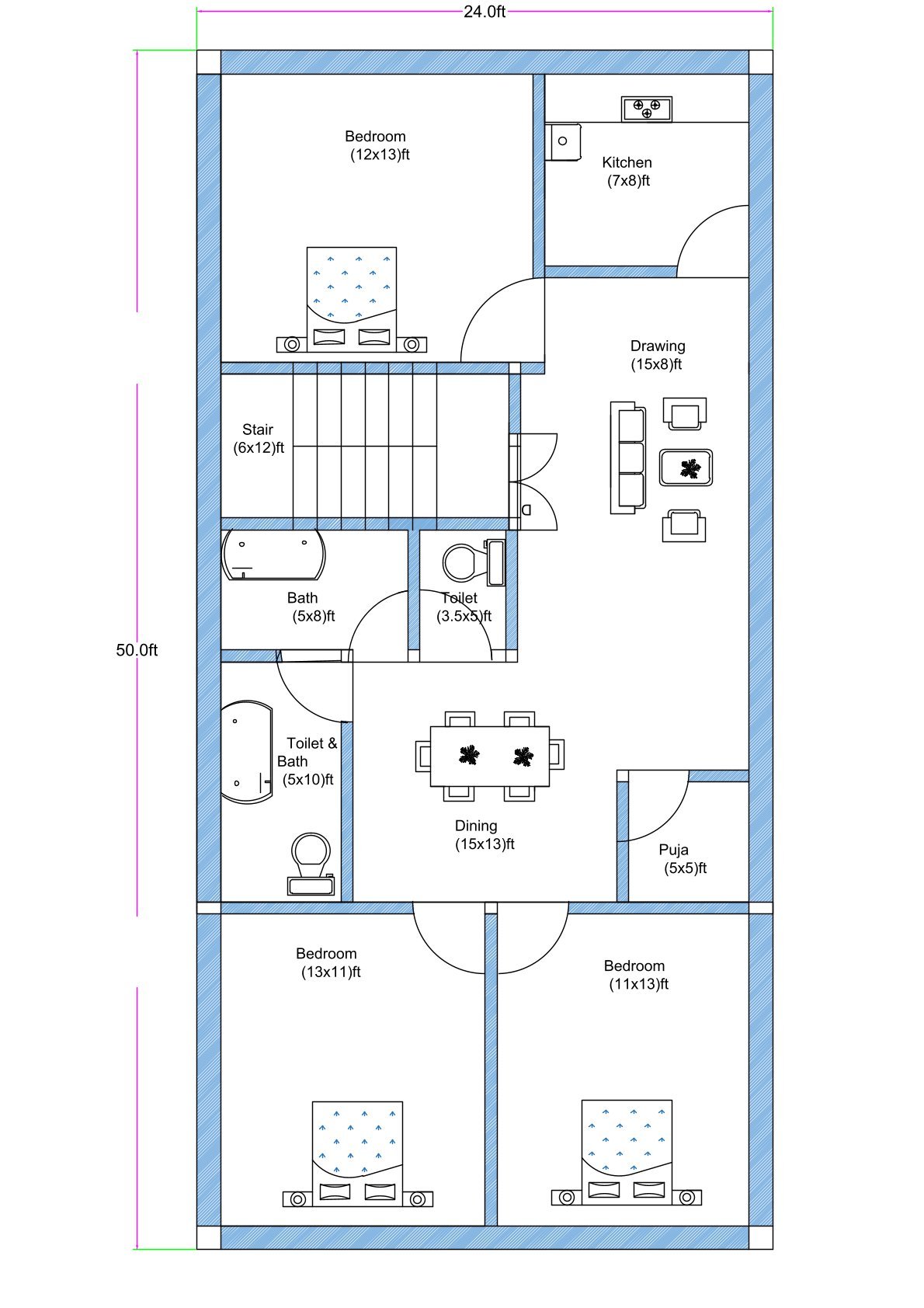 West-facing 3BHK house floor plan designed on a 24 feet by 50 feet residential plot. The layout includes three bedrooms measuring approximately 12 feet by 13 feet, 13 feet by 11 feet, and 11 feet by 13 feet. A spacious drawing room measuring 10 feet by 8 feet is located at the front-right side. The kitchen measures 7 feet by 8 feet and is positioned near the drawing area. A centrally located dining hall measuring 15 feet by 13 feet connects all rooms. A dedicated puja room of 5 feet by 5 feet is provided near the dining area. The staircase (6 feet by 12 feet) is placed in the central-left portion of the layout. Multiple toilets and bathrooms are included, such as a 5 feet by 8 feet bathroom, a 3.5 feet by 5 feet toilet, and a combined 5 feet by 10 feet toilet and bath. The overall plan efficiently utilizes the full 24x50 plot dimension with balanced room distribution.