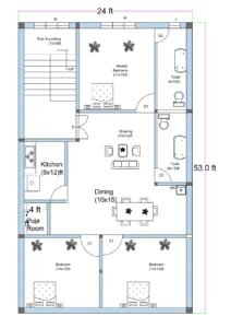 West-facing 3BHK house floor plan designed on a 24 feet by 50 feet residential plot. The layout includes three bedrooms measuring approximately 12 feet by 13 feet, 13 feet by 11 feet, and 11 feet by 13 feet. A spacious drawing room measuring 10 feet by 8 feet is located at the front-right side. The kitchen measures 7 feet by 8 feet and is positioned near the drawing area. A centrally located dining hall measuring 15 feet by 13 feet connects all rooms. A dedicated puja room of 5 feet by 5 feet is provided near the dining area. The staircase (6 feet by 12 feet) is placed in the central-left portion of the layout. Multiple toilets and bathrooms are included, such as a 5 feet by 8 feet bathroom, a 3.5 feet by 5 feet toilet, and a combined 5 feet by 10 feet toilet and bath. The overall plan efficiently utilizes the full 24x50 plot dimension with balanced room distribution.