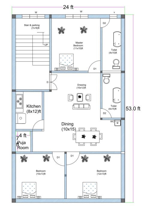 West-facing 3BHK house floor plan designed on a 24 feet by 50 feet residential plot. The layout includes three bedrooms measuring approximately 12 feet by 13 feet, 13 feet by 11 feet, and 11 feet by 13 feet. A spacious drawing room measuring 10 feet by 8 feet is located at the front-right side. The kitchen measures 7 feet by 8 feet and is positioned near the drawing area. A centrally located dining hall measuring 15 feet by 13 feet connects all rooms. A dedicated puja room of 5 feet by 5 feet is provided near the dining area. The staircase (6 feet by 12 feet) is placed in the central-left portion of the layout. Multiple toilets and bathrooms are included, such as a 5 feet by 8 feet bathroom, a 3.5 feet by 5 feet toilet, and a combined 5 feet by 10 feet toilet and bath. The overall plan efficiently utilizes the full 24x50 plot dimension with balanced room distribution.