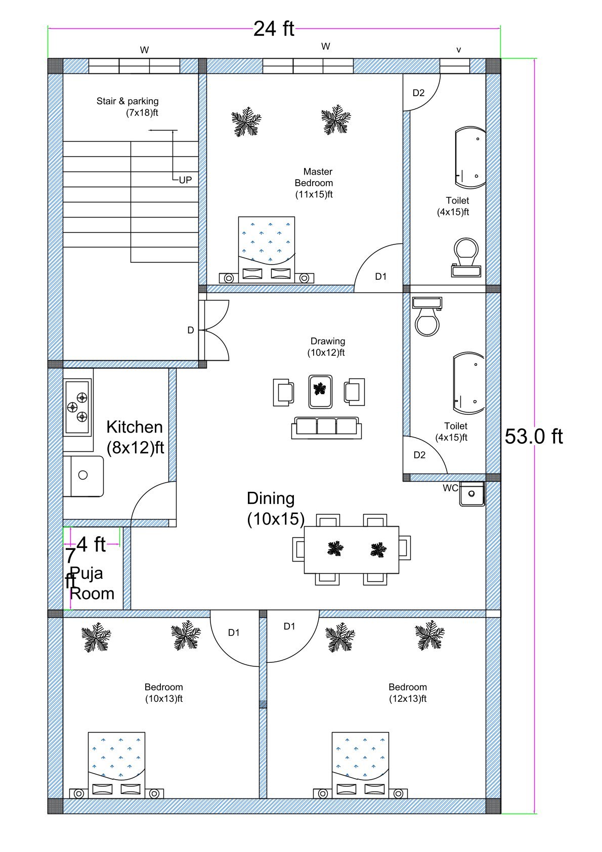 West-facing 3BHK house floor plan designed on a 24 feet by 50 feet residential plot. The layout includes three bedrooms measuring approximately 12 feet by 13 feet, 13 feet by 11 feet, and 11 feet by 13 feet. A spacious drawing room measuring 10 feet by 8 feet is located at the front-right side. The kitchen measures 7 feet by 8 feet and is positioned near the drawing area. A centrally located dining hall measuring 15 feet by 13 feet connects all rooms. A dedicated puja room of 5 feet by 5 feet is provided near the dining area. The staircase (6 feet by 12 feet) is placed in the central-left portion of the layout. Multiple toilets and bathrooms are included, such as a 5 feet by 8 feet bathroom, a 3.5 feet by 5 feet toilet, and a combined 5 feet by 10 feet toilet and bath. The overall plan efficiently utilizes the full 24x50 plot dimension with balanced room distribution.