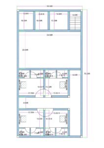 24 feet by 70 feet marriage hall and community hall floor plan featuring a large central function hall measuring approximately 20 feet by 34 feet. The layout includes a front façade with entrance below the staircase. A staircase of approximately 6 feet width is positioned at the front-right side providing access to upper floors. After entering from the main entrance, a spacious party hall is located in the center suitable for weddings, functions, and gatherings. Behind the hall, a 6-foot-wide T-shaped passage connects four private rooms. Each room measures approximately 13.5 feet by 10 feet and includes attached toilet and bathroom facilities (approximately 4 feet by 7 feet). The design efficiently utilizes the 24x70 rectangular plot for commercial community use with accommodation rooms.