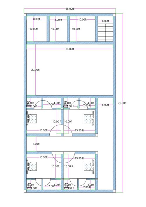 24 feet by 70 feet marriage hall and community hall floor plan featuring a large central function hall measuring approximately 20 feet by 34 feet. The layout includes a front façade with entrance below the staircase. A staircase of approximately 6 feet width is positioned at the front-right side providing access to upper floors. After entering from the main entrance, a spacious party hall is located in the center suitable for weddings, functions, and gatherings. Behind the hall, a 6-foot-wide T-shaped passage connects four private rooms. Each room measures approximately 13.5 feet by 10 feet and includes attached toilet and bathroom facilities (approximately 4 feet by 7 feet). The design efficiently utilizes the 24x70 rectangular plot for commercial community use with accommodation rooms.