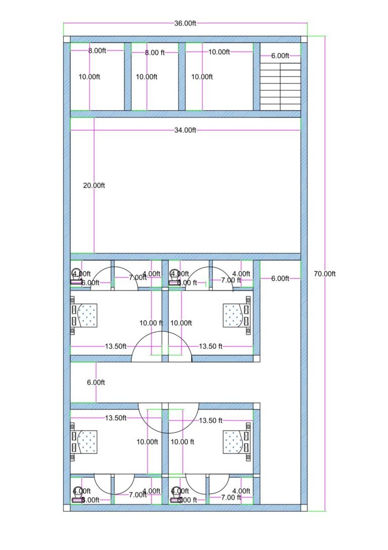 24 feet by 70 feet marriage hall and community hall floor plan featuring a large central function hall measuring approximately 20 feet by 34 feet. The layout includes a front façade with entrance below the staircase. A staircase of approximately 6 feet width is positioned at the front-right side providing access to upper floors. After entering from the main entrance, a spacious party hall is located in the center suitable for weddings, functions, and gatherings. Behind the hall, a 6-foot-wide T-shaped passage connects four private rooms. Each room measures approximately 13.5 feet by 10 feet and includes attached toilet and bathroom facilities (approximately 4 feet by 7 feet). The design efficiently utilizes the 24x70 rectangular plot for commercial community use with accommodation rooms.