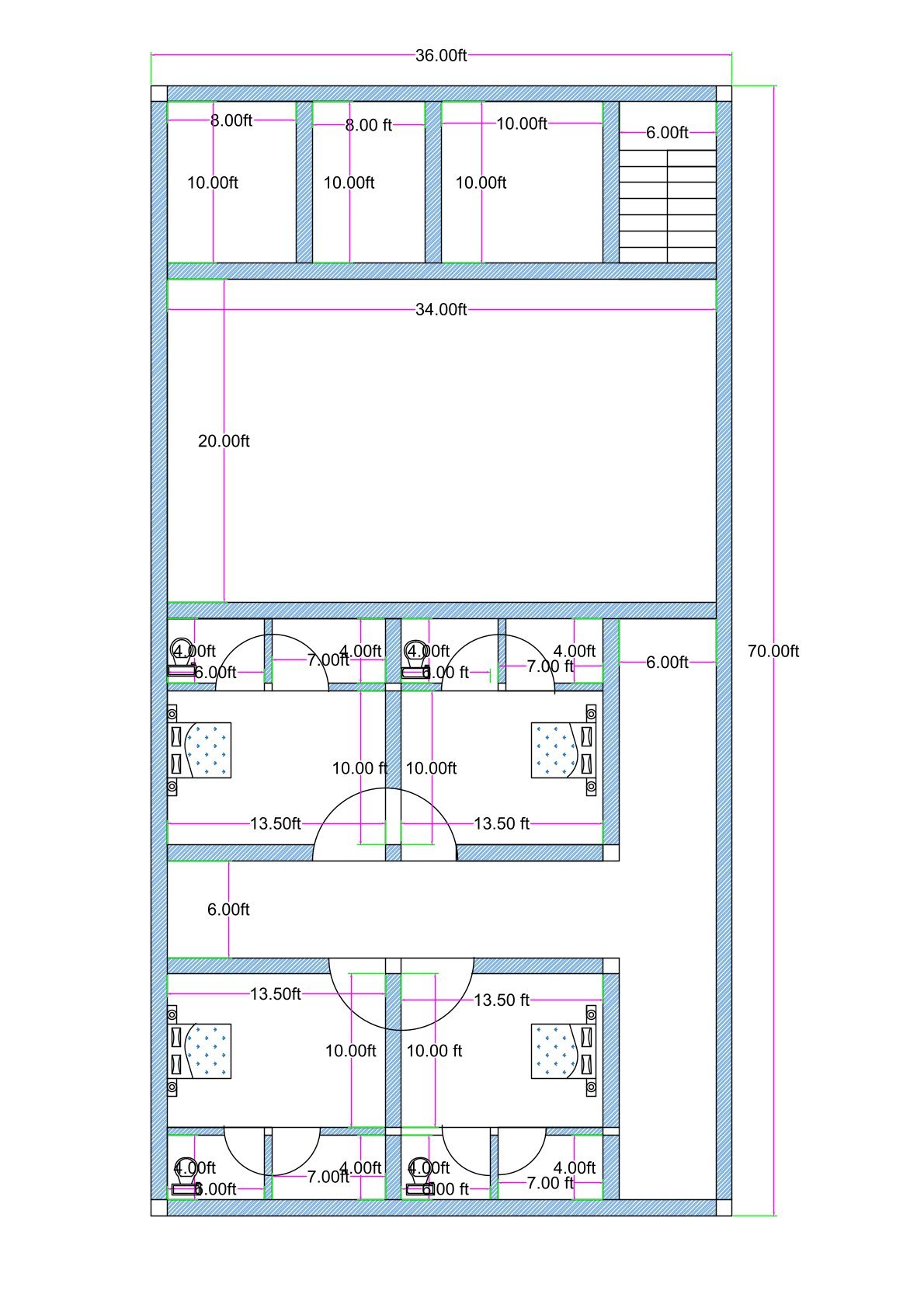 24 feet by 70 feet marriage hall and community hall floor plan featuring a large central function hall measuring approximately 20 feet by 34 feet. The layout includes a front façade with entrance below the staircase. A staircase of approximately 6 feet width is positioned at the front-right side providing access to upper floors. After entering from the main entrance, a spacious party hall is located in the center suitable for weddings, functions, and gatherings. Behind the hall, a 6-foot-wide T-shaped passage connects four private rooms. Each room measures approximately 13.5 feet by 10 feet and includes attached toilet and bathroom facilities (approximately 4 feet by 7 feet). The design efficiently utilizes the 24x70 rectangular plot for commercial community use with accommodation rooms.