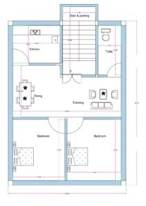 25 feet by 35 feet 2BHK house floor plan featuring a front staircase with parking space and a compact residential layout. The design includes a 7-foot-wide stair and parking area at the front center with entrance below the staircase. Inside, a spacious drawing and dining area measuring approximately 23 feet in width is centrally located. The kitchen, measuring approximately 8 feet by 10 feet, is positioned on the left side near the entrance. A common toilet measuring approximately 5 feet by 10.5 feet is placed on the right side. At the rear portion, two bedrooms are provided, each measuring approximately 11 to 11.5 feet in width and 13 feet in depth. The layout efficiently utilizes the 25x35 plot for compact urban living with future vertical expansion options.