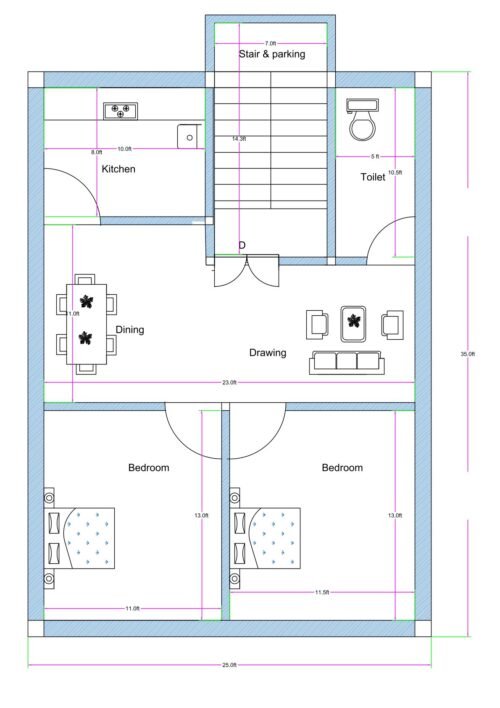 25 feet by 35 feet 2BHK house floor plan featuring a front staircase with parking space and a compact residential layout. The design includes a 7-foot-wide stair and parking area at the front center with entrance below the staircase. Inside, a spacious drawing and dining area measuring approximately 23 feet in width is centrally located. The kitchen, measuring approximately 8 feet by 10 feet, is positioned on the left side near the entrance. A common toilet measuring approximately 5 feet by 10.5 feet is placed on the right side. At the rear portion, two bedrooms are provided, each measuring approximately 11 to 11.5 feet in width and 13 feet in depth. The layout efficiently utilizes the 25x35 plot for compact urban living with future vertical expansion options.