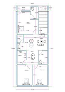 West-facing 3BHK house floor plan designed for an actual plot size of 25 feet by 42 feet (SEO friendly 25x45). The layout includes a spacious master bedroom measuring approximately 14.5 feet by 11.5 feet with an attached front balcony of 3 feet width. A staircase measuring 8 feet wide is positioned at the front-right side with a separate entrance below it. The drawing room measures approximately 18.5 feet in width and connects centrally to the dining area measuring 10 feet by 9.5 feet. The kitchen measures approximately 6 feet by 9 feet and includes an adjacent OTS (open-to-sky) ventilation shaft. A dedicated puja room measuring 4 feet by 5 feet is provided near the dining area. Two additional bedrooms at the rear measure approximately 11.25 feet by 10 feet each. A common toilet measuring approximately 6 feet by 9 feet is positioned on the right side. The plan includes proper setbacks and side passages for ventilation.