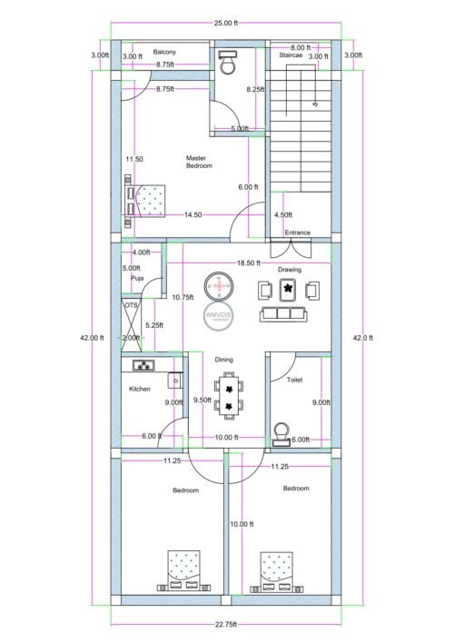 West-facing 3BHK house floor plan designed for an actual plot size of 25 feet by 42 feet (SEO friendly 25x45). The layout includes a spacious master bedroom measuring approximately 14.5 feet by 11.5 feet with an attached front balcony of 3 feet width. A staircase measuring 8 feet wide is positioned at the front-right side with a separate entrance below it. The drawing room measures approximately 18.5 feet in width and connects centrally to the dining area measuring 10 feet by 9.5 feet. The kitchen measures approximately 6 feet by 9 feet and includes an adjacent OTS (open-to-sky) ventilation shaft. A dedicated puja room measuring 4 feet by 5 feet is provided near the dining area. Two additional bedrooms at the rear measure approximately 11.25 feet by 10 feet each. A common toilet measuring approximately 6 feet by 9 feet is positioned on the right side. The plan includes proper setbacks and side passages for ventilation.