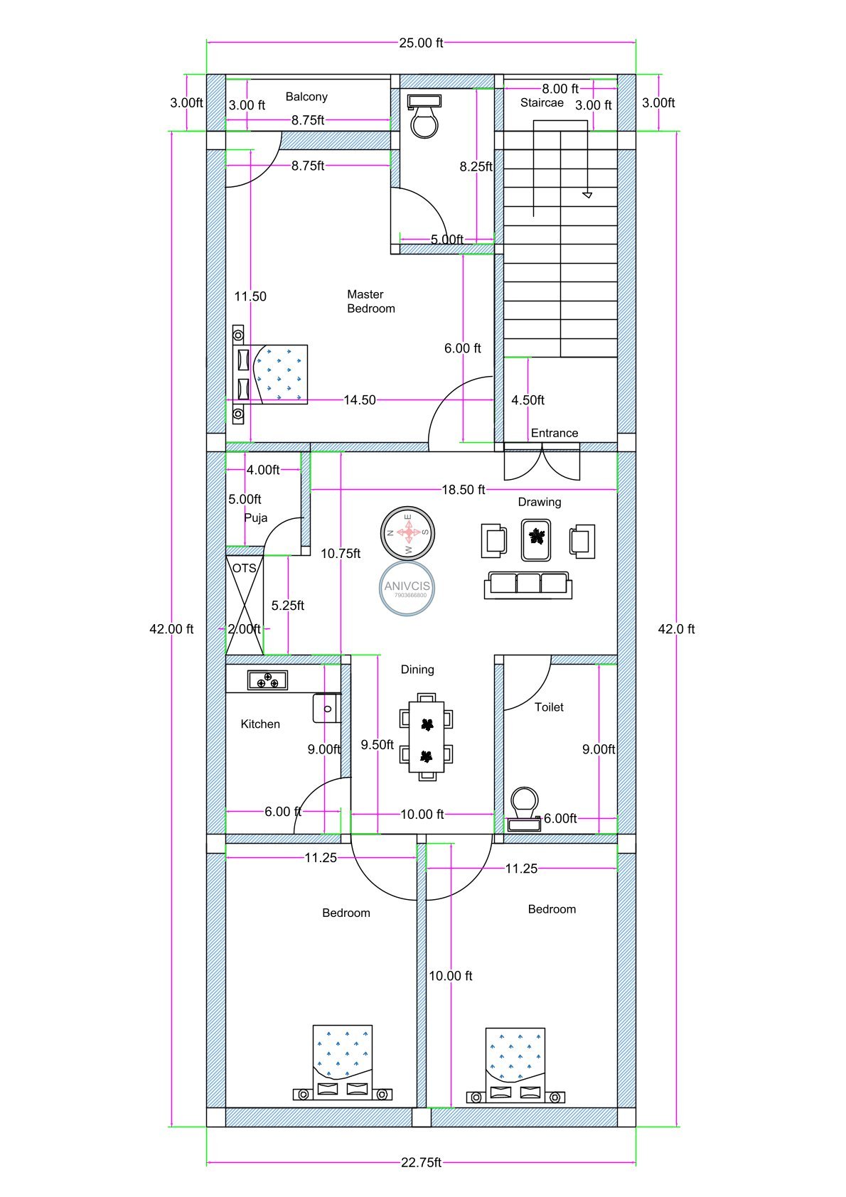 West-facing 3BHK house floor plan designed for an actual plot size of 25 feet by 42 feet (SEO friendly 25x45). The layout includes a spacious master bedroom measuring approximately 14.5 feet by 11.5 feet with an attached front balcony of 3 feet width. A staircase measuring 8 feet wide is positioned at the front-right side with a separate entrance below it. The drawing room measures approximately 18.5 feet in width and connects centrally to the dining area measuring 10 feet by 9.5 feet. The kitchen measures approximately 6 feet by 9 feet and includes an adjacent OTS (open-to-sky) ventilation shaft. A dedicated puja room measuring 4 feet by 5 feet is provided near the dining area. Two additional bedrooms at the rear measure approximately 11.25 feet by 10 feet each. A common toilet measuring approximately 6 feet by 9 feet is positioned on the right side. The plan includes proper setbacks and side passages for ventilation.