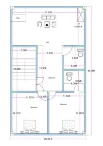 25 feet by 50 feet residential 2BHK house floor plan featuring a spacious front hall measuring approximately 21.25 feet in width and 15 feet in depth. A dedicated puja room is positioned at the front-left corner, while an OTS (open-to-sky) ventilation shaft is provided at the front-right side. The staircase, measuring approximately 7 feet in width and 13 feet in length, is located on the left-central side. A central bedroom measuring approximately 7.33 feet by 13.5 feet is positioned near the staircase. Two additional rear bedrooms measure approximately 11.5 feet by 14 feet each. Two separate toilets measuring approximately 6 feet by 6.5 feet and 6 feet by 6 feet are placed along the right side. The overall layout efficiently utilizes the 25x50 rectangular plot with proper circulation and ventilation.