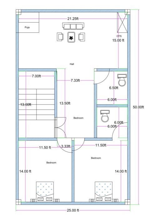 25 feet by 50 feet residential 2BHK house floor plan featuring a spacious front hall measuring approximately 21.25 feet in width and 15 feet in depth. A dedicated puja room is positioned at the front-left corner, while an OTS (open-to-sky) ventilation shaft is provided at the front-right side. The staircase, measuring approximately 7 feet in width and 13 feet in length, is located on the left-central side. A central bedroom measuring approximately 7.33 feet by 13.5 feet is positioned near the staircase. Two additional rear bedrooms measure approximately 11.5 feet by 14 feet each. Two separate toilets measuring approximately 6 feet by 6.5 feet and 6 feet by 6 feet are placed along the right side. The overall layout efficiently utilizes the 25x50 rectangular plot with proper circulation and ventilation.