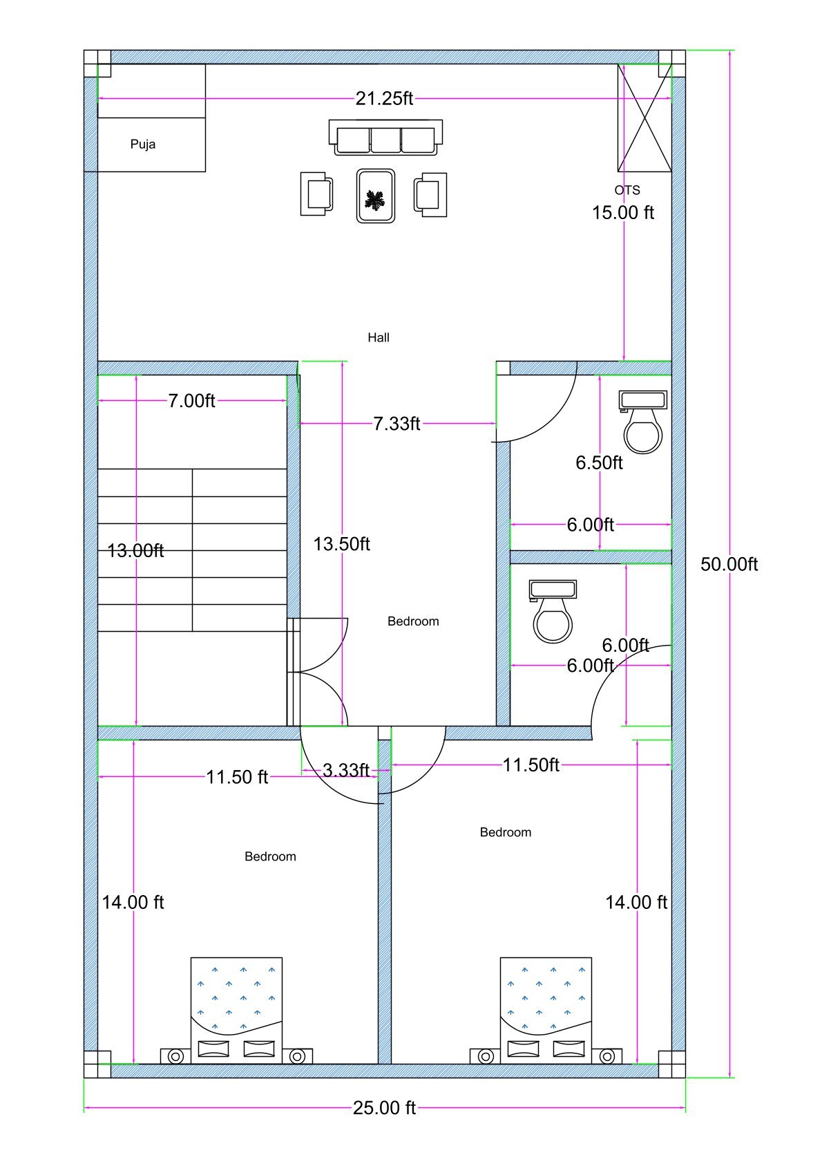 25 feet by 50 feet residential 2BHK house floor plan featuring a spacious front hall measuring approximately 21.25 feet in width and 15 feet in depth. A dedicated puja room is positioned at the front-left corner, while an OTS (open-to-sky) ventilation shaft is provided at the front-right side. The staircase, measuring approximately 7 feet in width and 13 feet in length, is located on the left-central side. A central bedroom measuring approximately 7.33 feet by 13.5 feet is positioned near the staircase. Two additional rear bedrooms measure approximately 11.5 feet by 14 feet each. Two separate toilets measuring approximately 6 feet by 6.5 feet and 6 feet by 6 feet are placed along the right side. The overall layout efficiently utilizes the 25x50 rectangular plot with proper circulation and ventilation.
