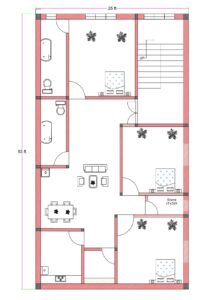 25x53 west-facing 3BHK house plan illustration with staircase, living area, kitchen, store room, three bedrooms, and two toilets suitable for 25x50 plot.