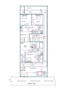 North-facing 3BHK house floor plan designed on a 25 feet by 66 feet residential plot with lawn and parking at the front. The layout includes a 24.5-foot-wide front lawn and car parking area facing the north road. A 3.5-foot-wide front balcony connects to the master bedroom. The master bedroom measures approximately 10 feet by 10 feet and includes an attached toilet, bathroom, wash basin area, and changing room space. A dedicated puja room is located near the master bedroom. The drawing room measures approximately 14.5 feet by 8.5 feet. A central staircase with entrance access is positioned in the middle of the layout. The open kitchen and dining area measure approximately 14 feet by 7.25 feet. Two additional bedrooms measuring approximately 10 feet by 10 feet each are located toward the rear side, connected by a shared balcony. A common toilet and bathroom are provided near the dining area. At the extreme rear, a cow house area is allocated. Side balconies and a 3-foot passage enhance ventilation.