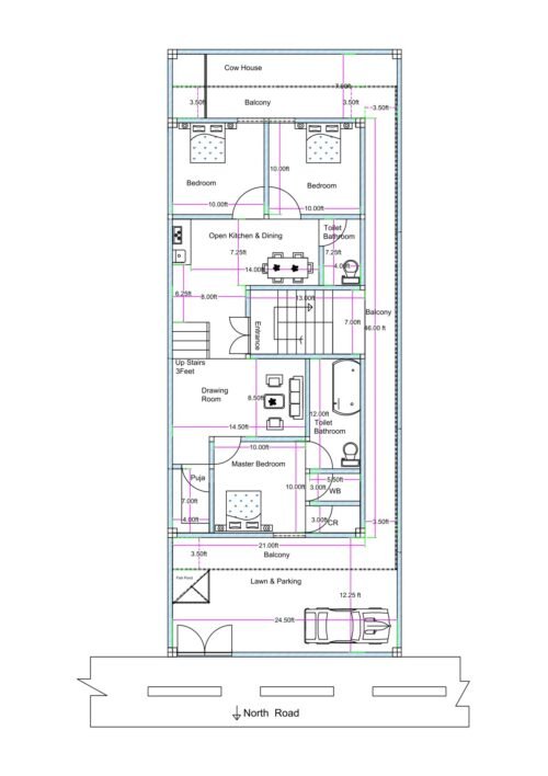 North-facing 3BHK house floor plan designed on a 25 feet by 66 feet residential plot with lawn and parking at the front. The layout includes a 24.5-foot-wide front lawn and car parking area facing the north road. A 3.5-foot-wide front balcony connects to the master bedroom. The master bedroom measures approximately 10 feet by 10 feet and includes an attached toilet, bathroom, wash basin area, and changing room space. A dedicated puja room is located near the master bedroom. The drawing room measures approximately 14.5 feet by 8.5 feet. A central staircase with entrance access is positioned in the middle of the layout. The open kitchen and dining area measure approximately 14 feet by 7.25 feet. Two additional bedrooms measuring approximately 10 feet by 10 feet each are located toward the rear side, connected by a shared balcony. A common toilet and bathroom are provided near the dining area. At the extreme rear, a cow house area is allocated. Side balconies and a 3-foot passage enhance ventilation.