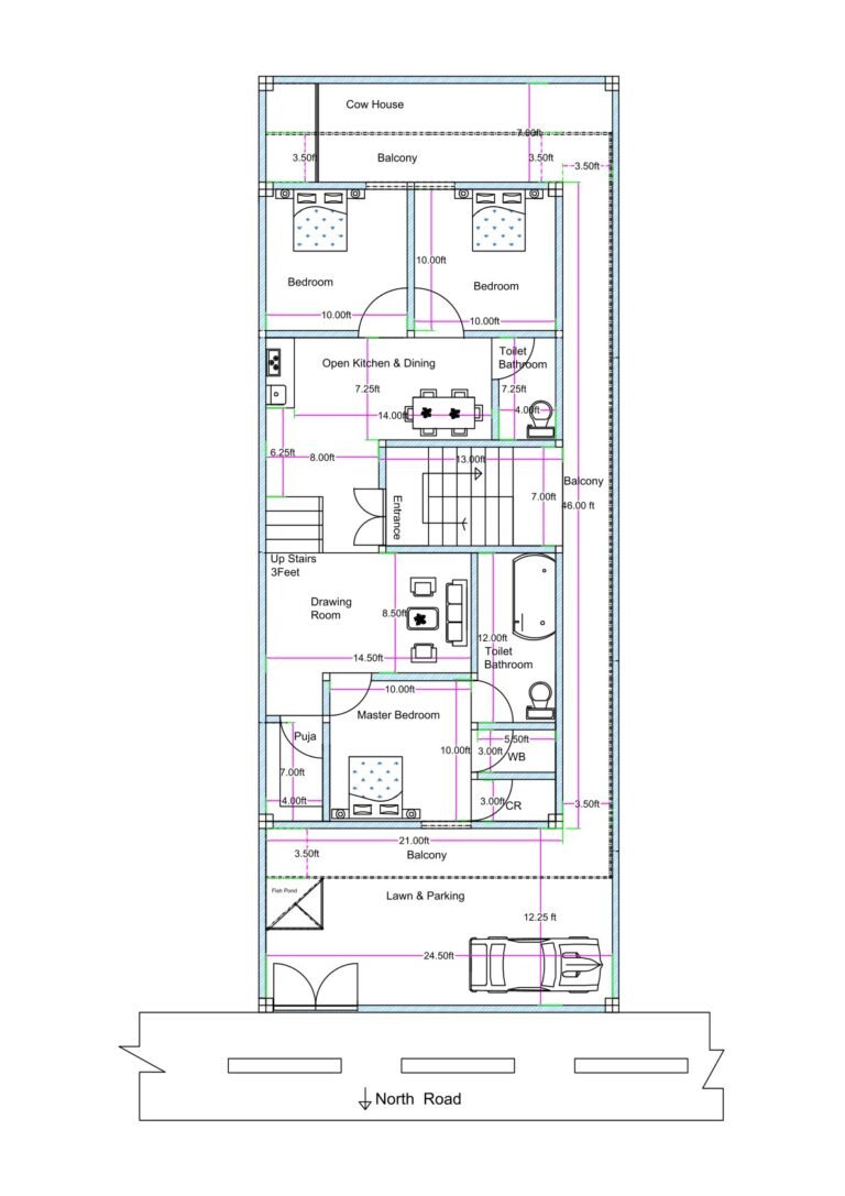 North-facing 3BHK house floor plan designed on a 25 feet by 66 feet residential plot with lawn and parking at the front. The layout includes a 24.5-foot-wide front lawn and car parking area facing the north road. A 3.5-foot-wide front balcony connects to the master bedroom. The master bedroom measures approximately 10 feet by 10 feet and includes an attached toilet, bathroom, wash basin area, and changing room space. A dedicated puja room is located near the master bedroom. The drawing room measures approximately 14.5 feet by 8.5 feet. A central staircase with entrance access is positioned in the middle of the layout. The open kitchen and dining area measure approximately 14 feet by 7.25 feet. Two additional bedrooms measuring approximately 10 feet by 10 feet each are located toward the rear side, connected by a shared balcony. A common toilet and bathroom are provided near the dining area. At the extreme rear, a cow house area is allocated. Side balconies and a 3-foot passage enhance ventilation.