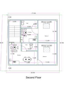 Irregular shaped residential second floor plan with front width of 27.83 feet, left depth of 30.70 feet, right depth of 28.83 feet, and rear width of 28.83 feet. The built-up area is efficiently adjusted to approximately 25x25 feet to accommodate two compact 1BHK units. The first flat includes one bedroom measuring approximately 12 feet by 10 feet, a drawing room of around 8.83 feet width, an open kitchen layout, and a toilet measuring approximately 4 feet by 8.3 feet. The second flat includes a bedroom measuring approximately 11.6 feet by 10 feet, a combined drawing and dining area with open kitchen, and a toilet measuring approximately 4 feet by 8.3 feet. A staircase is positioned on the left side providing access to the second floor. The design maximizes usable space despite irregular boundary lines.