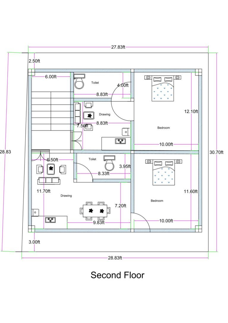 Irregular shaped residential second floor plan with front width of 27.83 feet, left depth of 30.70 feet, right depth of 28.83 feet, and rear width of 28.83 feet. The built-up area is efficiently adjusted to approximately 25x25 feet to accommodate two compact 1BHK units. The first flat includes one bedroom measuring approximately 12 feet by 10 feet, a drawing room of around 8.83 feet width, an open kitchen layout, and a toilet measuring approximately 4 feet by 8.3 feet. The second flat includes a bedroom measuring approximately 11.6 feet by 10 feet, a combined drawing and dining area with open kitchen, and a toilet measuring approximately 4 feet by 8.3 feet. A staircase is positioned on the left side providing access to the second floor. The design maximizes usable space despite irregular boundary lines.